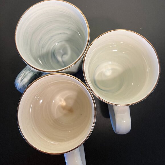 Trio of HOOMEET Marbleized Swirl Pattern Porcelain Mugs ~ Gray, Green & Brown - Picture 4 of 9